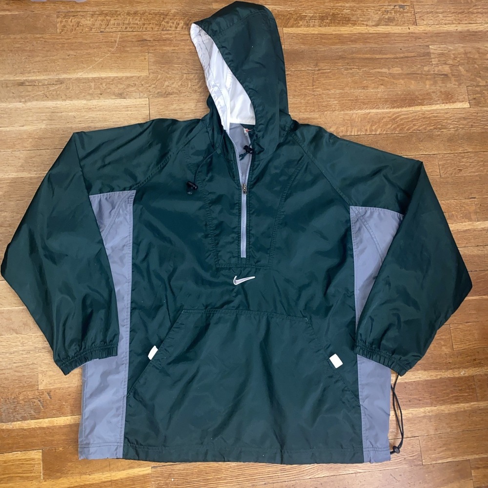 Nike Jacket Mens Large Green Gray Hooded Pullover Windbreaker Air Swoosh 90s